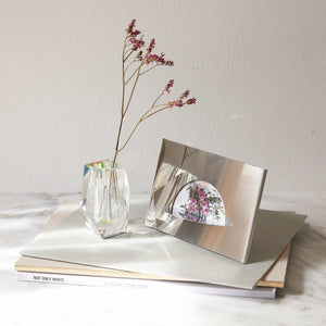 Regenbogenvase mit einzelner Trockenblume steht auf gestapelten Heften